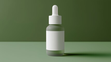  matte white glass cosmetic serum 30 ml bottle with white clear paper label in the centre of the bottle used for a mockup, white dropper, ultra high contrast lighting, soft green background