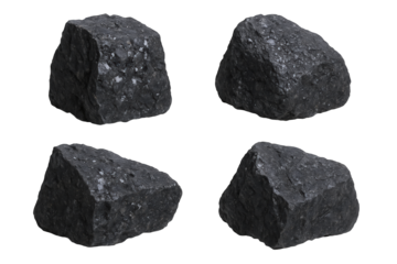 Four Dark, Jagged Rocks with Crystalline Inclusions, Isolated on a Black Background, Showcasing Textured Surfaces and Sharp Edges
