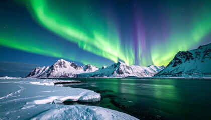A breathtaking celestial spectacle of the vibrant green aurora borealis dancing across the dark night sky over serene wilderness landscape, magical natural light phenomenon.