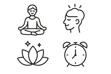 Mindfulness Meditation Relaxation and Time Management Vector Icons Set. Simple Line Illustrations of Yoga Pose, Brain Health, Calm Lotus Flower, Alarm Clock. Wellness and Mental Health Symbols.