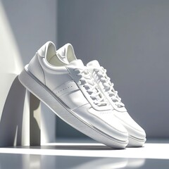 Premium minimalist white sneakers ecommerce product shot hyper realistic rendering clean design fashionable footwear store presentation