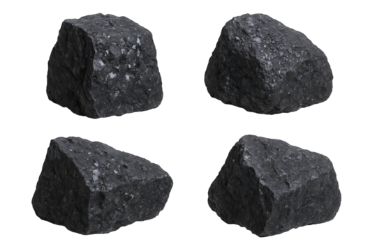 Four Dark, Jagged Rocks with Crystalline Inclusions, Isolated on a Black Background, Showcasing Textured Surfaces and Sharp Edges