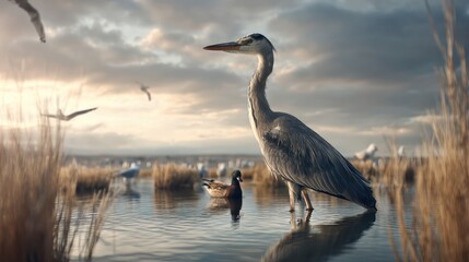 A heron stands in shallow water at sunset, surrounded by reeds, ducks, and flying birds in a serene wetland landscape