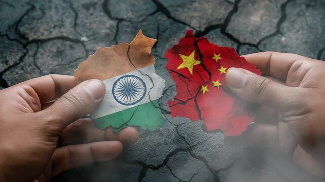 Two hands holding two pieces of paper with the flags of India and China on them. Two hands holding torn flags of India and China with cracked border map underneath, conceptual dramatic symbolic