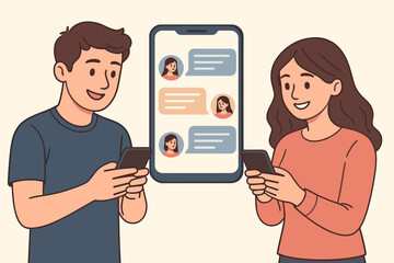 Man and woman texting, smartphone displaying chat messages and profile avatars, digital communication, instant messaging, mobile app conversation, technology connection vector illustration