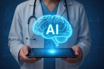 Doctor Holding AI Brain Hologram On Tablet