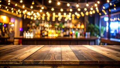 Obraz premium Warm ambient glow from vintage light bulbs hanging over a rustic wooden table top background, creating cozy and inviting atmosphere for interior design or decor concepts.