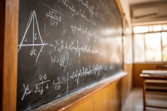 A classroom blackboard filled with mathematical equations and diagrams, with sunlight streaming through the windows in the background