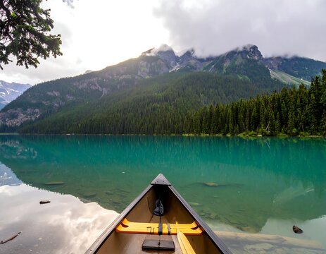 Calm turquoise lake reflecting mountains, viewed from a canoe at the shore