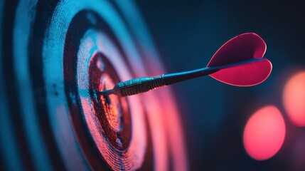 A red dart hits the bullseye of a dartboard, symbolizing precision, accuracy, and achievement under dramatic lighting