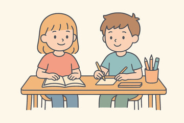  Kids Studying at Desk &ndash; Cute Flat Vector Illustration