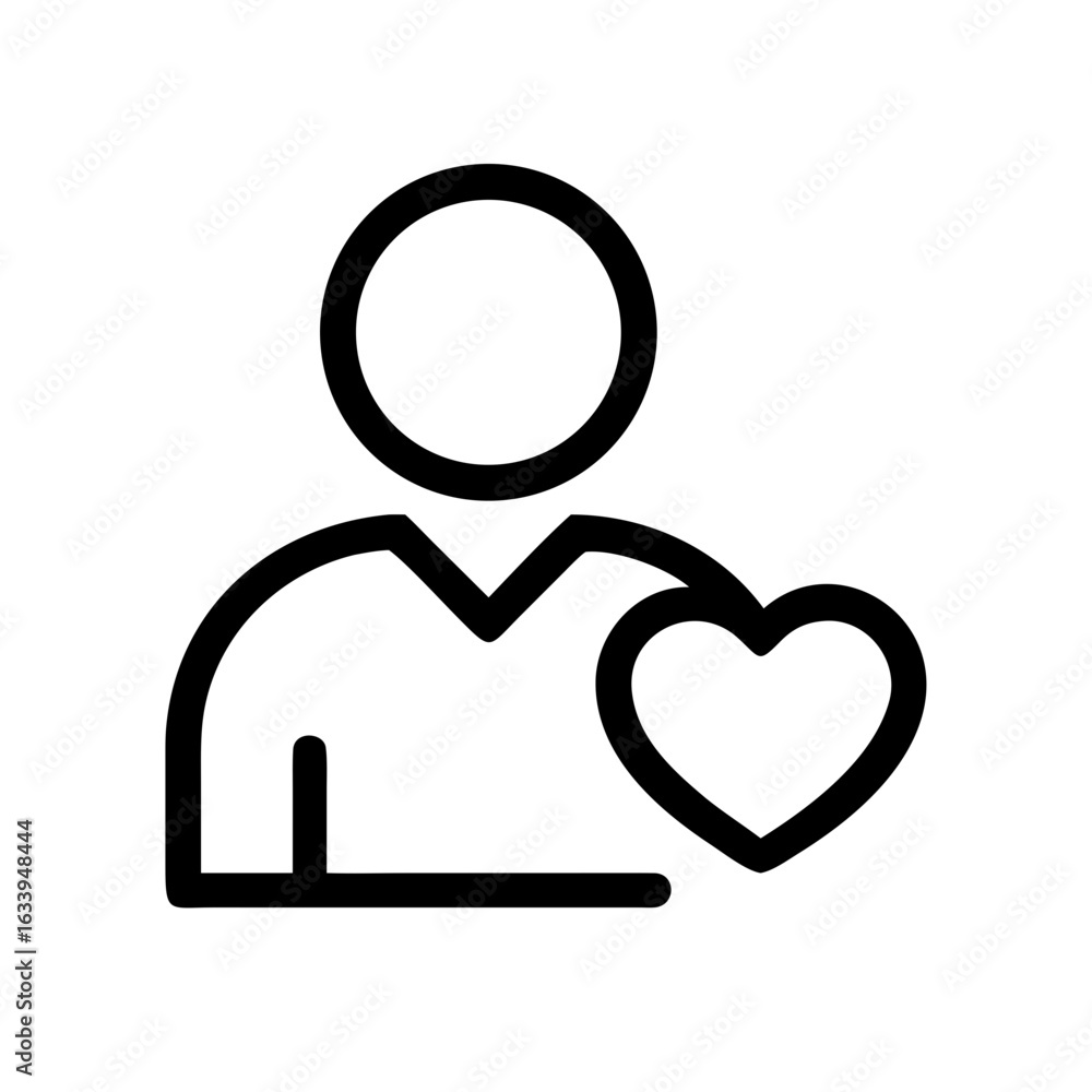 Poster person icon with heart shape representing love and support in a simple black outline style design el