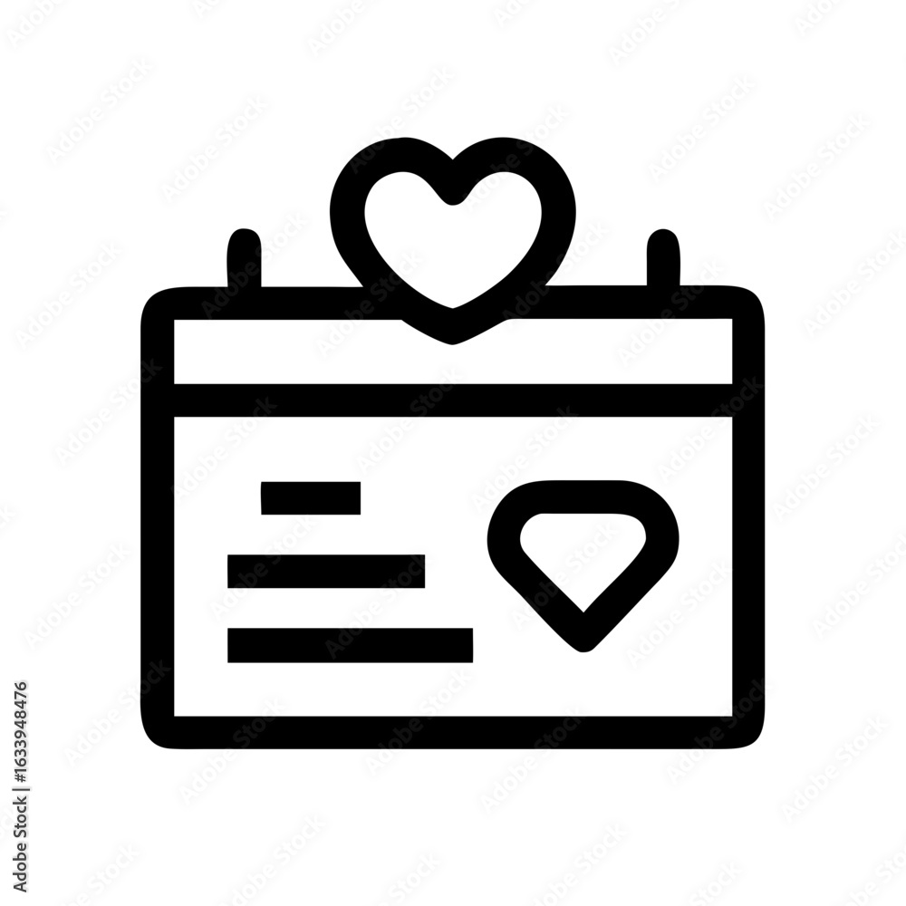 Poster calendar icon with heart on top and diamond shape on the page representing a special event reminder