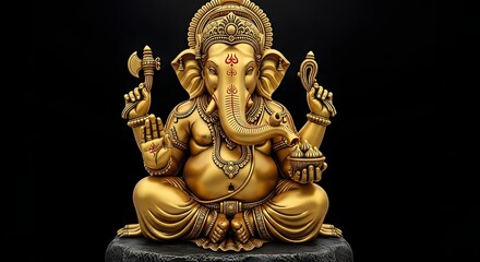 Fototapeta premium A golden statue of lord ganesha sitting in a meditative pose on a stone pedestal against black background