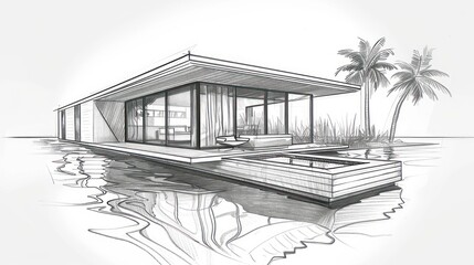 Sketch of a modern floating house on water, with tropical landscaping