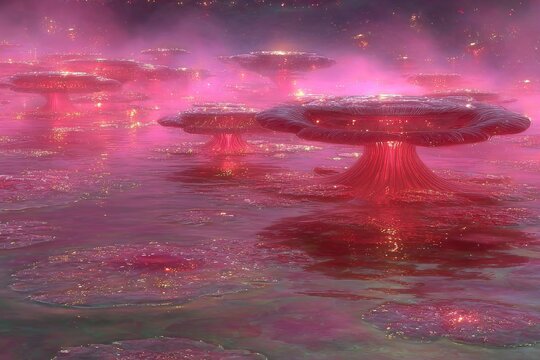Pink alien flora in a glowing, water-covered landscape - Powered by Adobe