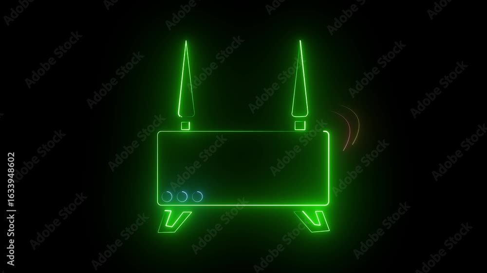 Poster glowing representation of a wireless router symbol icon against a dark background. two permanent ant