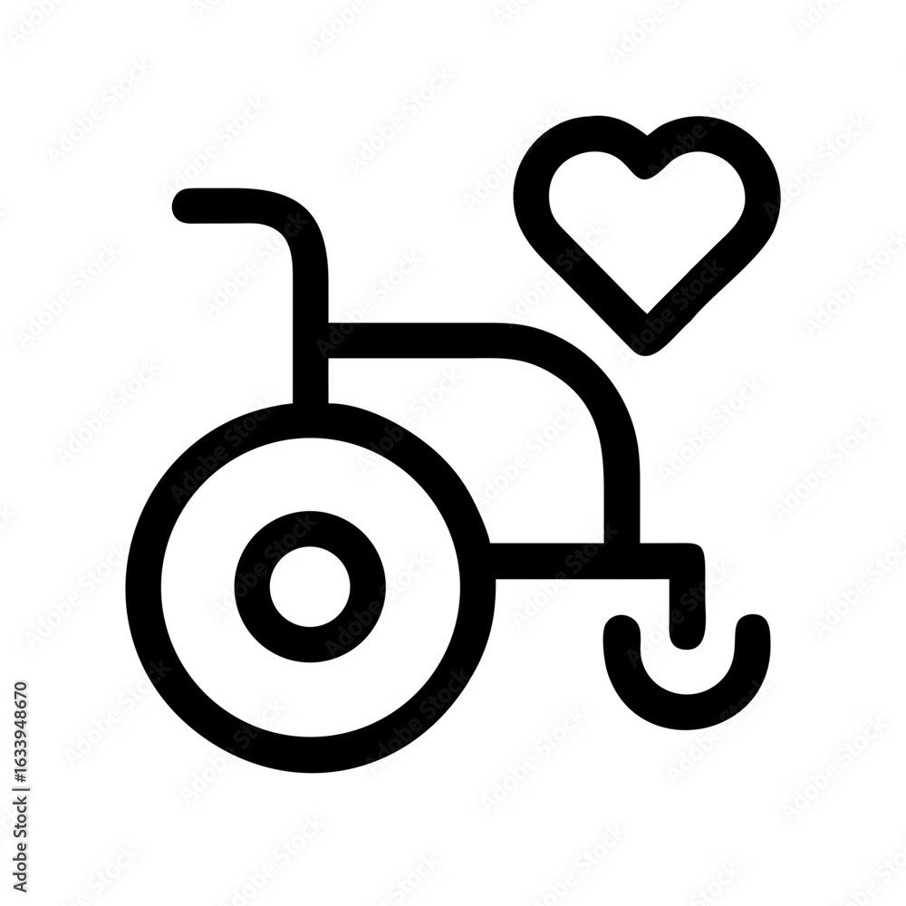 Poster a simple black line drawing of a wheelchair with a heart shape above it on a white background icon a