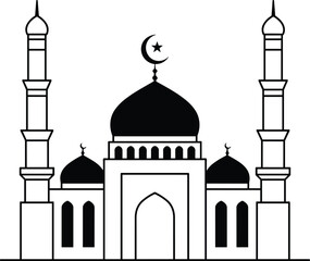 Elegant Islamic mosque vector illustration with domes, crescent moon, minarets, perfect for Ramadan, Eid Mubarak, Muslim architecture, prayer art