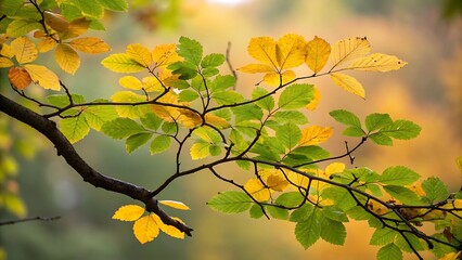 Obraz premium Autumn Leaves Turning from Green to Yellow on Tree Branch in Natural Light Background Outdoors During the Day