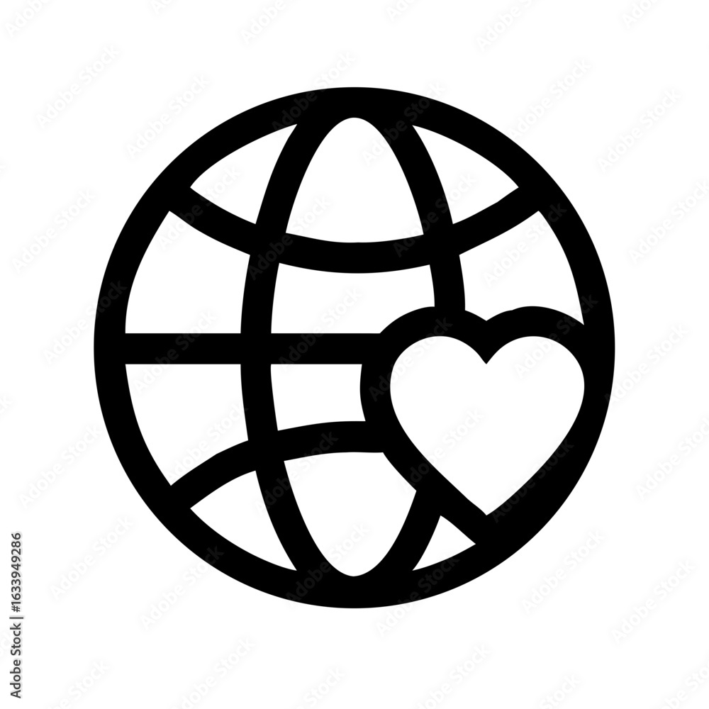 Poster black outline of a globe with meridians and parallels and a white heart shape placed on the globe su