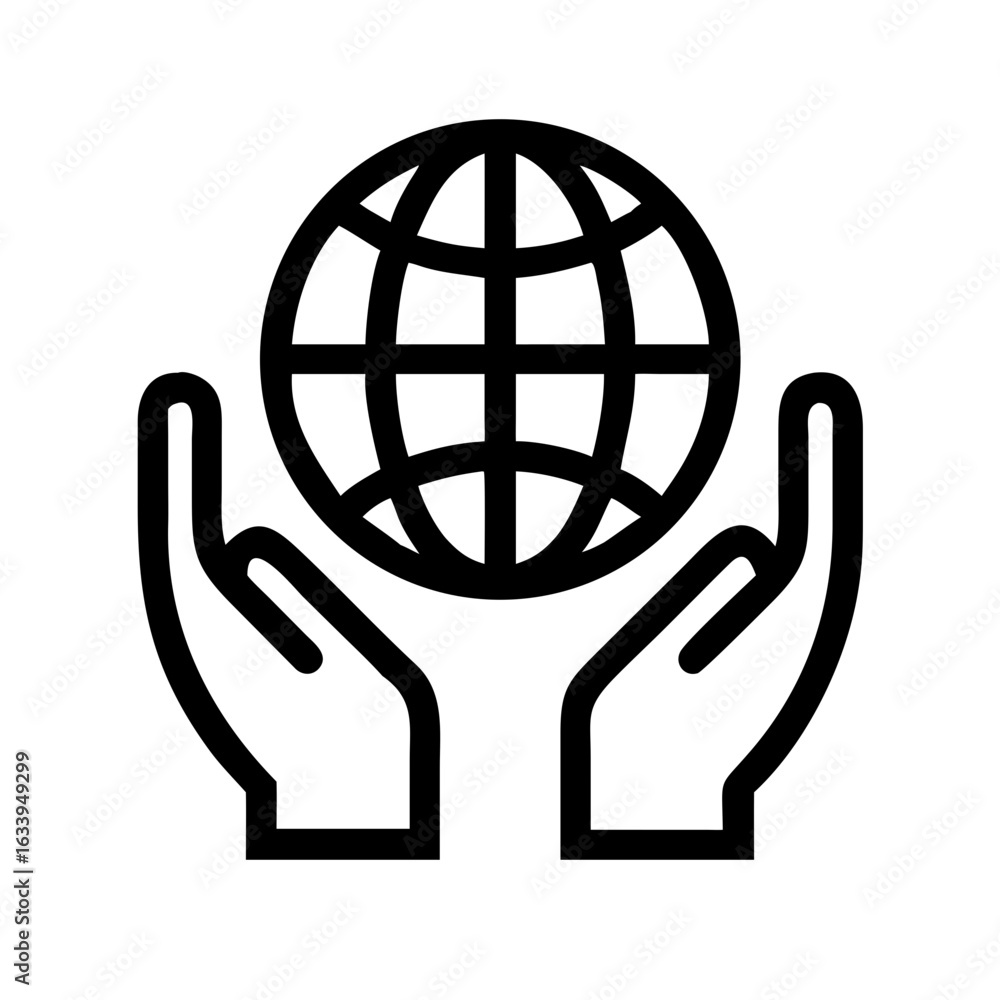 Poster hands holding a globe with grid lines representing earth and global connection in black and white ic
