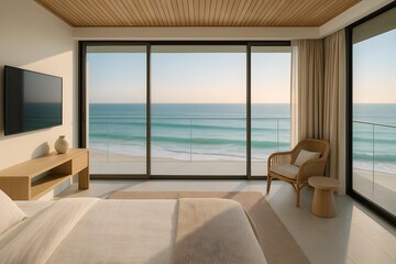 Fototapeta premium A modern bedroom with large windows showcasing a tranquil ocean view at sunrise, featuring minimalist decor. Concept Modern Bedroom Design, Ocean Sunrise Views, Minimalist Decor, Tranquil Ambiance