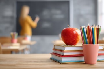 A stack of books, an apple, and colored pencils sit on a desk in a classroom with a teacher writing on the chalkboard in the background