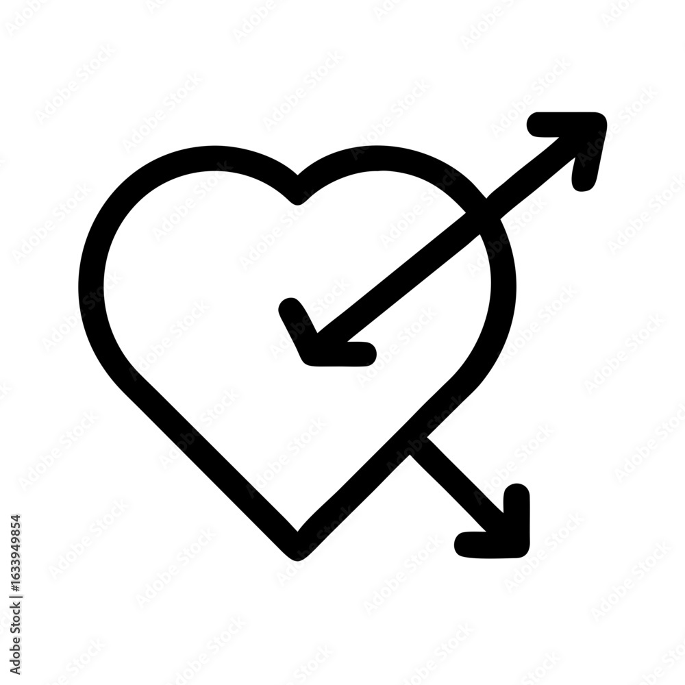 Aufkleber heart shape pierced by two arrows pointing in different directions in a simple black line drawing st