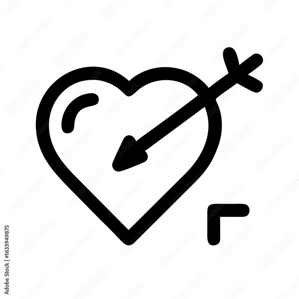 Poster heart pierced by arrow with a corner bracket shape in simple black outline on a white background ico