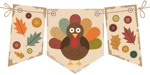 Autumnal Pennant Banner with Turkey and Leaves Illustration for Fall Decor and Seasonal Greetings Design