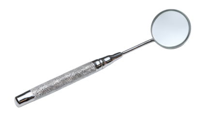 Dental inspection mirror tool with metal handle, isolated on transparent cutout background