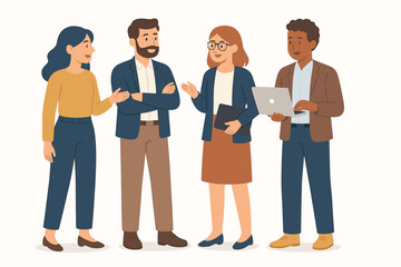 Casual team of diverse office business people standing, talking, and collaborating together in modern workplace discussion, teamwork, and communication concept flat vector illustration
