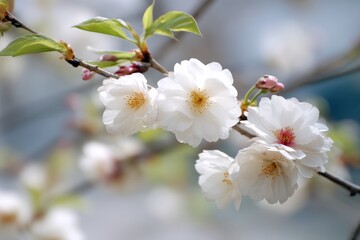 Fototapeta premium Delicate white cherry blossoms bloom on a branch with soft green leaves and a blurred background, symbolizing spring and renewal