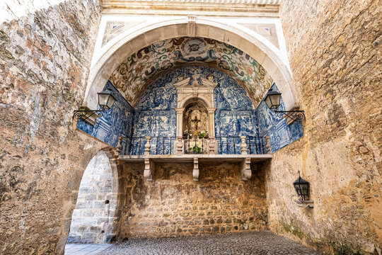 Porta da Vila is the main entrance to Obidos, Portugal. Double door with balcony. Inside azulejos
