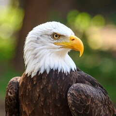 Obraz premium Close-up of a bald eagle, head turned right, sharp focus, bokeh background