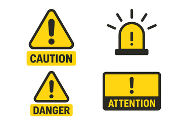 Obraz premium Caution and danger warning sign collection. Yellow alert triangle, attention exclamation icon, emergency alarm light, safety notice symbol. Vector safety labels isolated. Industrial hazard set.