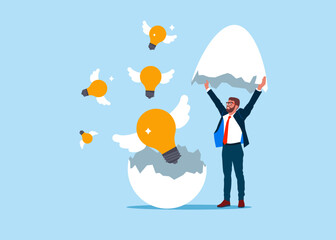 Businessman discover hatching egg with light bulb with wings inside. New creative idea thinking process. Development or learn skills. Flat vector illustration.