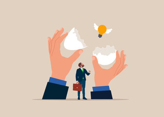 Hatching egg with light bulb with wings inside. Begin new job position in of comfort or safe zone. New creative idea thinking process or innovation. Development or learn skills. Vector