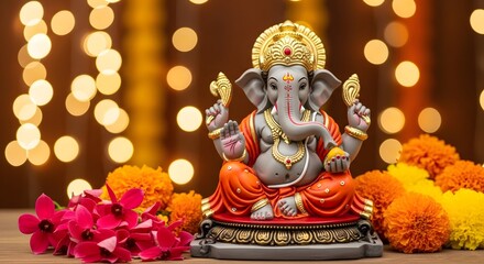 Obraz premium A statue of lord ganesha with flowers and decorative lights in the background for religious celebration