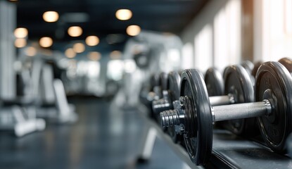 Fototapeta premium Gym dumbbells in focus, blurred equipment