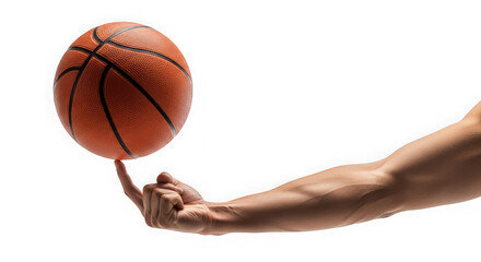 Muscular arm and hand spinning an orange basketball on one finger against a transparent background in studio