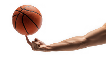 Muscular arm and hand spinning an orange basketball on one finger against a transparent background in studio