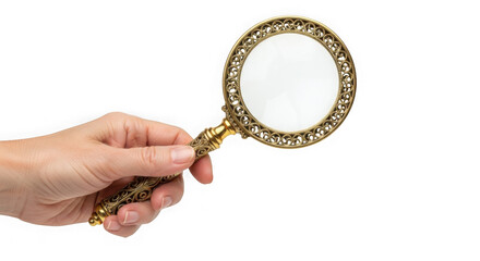 A hand holds an ornate gold magnifying glass against a clean transparent background ready for investigation
