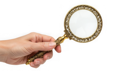 A hand holds an ornate gold magnifying glass against a clean transparent background ready for investigation