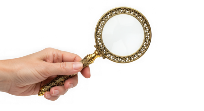 A hand holds an ornate gold magnifying glass against a clean transparent background ready for investigation