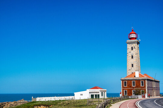 The beautiful Penedo da Saudade Lighthouse at Praia da Concha in Sao Pedro de Moel, Marinha Grande, Portugal