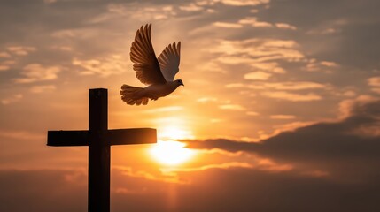 A dove flies near a cross at sunset, symbolizing peace, hope, and spirituality against a dramatic sky
