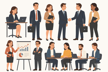 Office workers team collaboration, business meeting, handshake, presentation, teamwork, brainstorming, corporate lifestyle, diverse men and women, working at laptop, professional attire, modern office