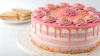 Delicious Pink Layer Cake with Sprinkles and White Chocolate Drip Perfect for Celebrations and Special Occasions